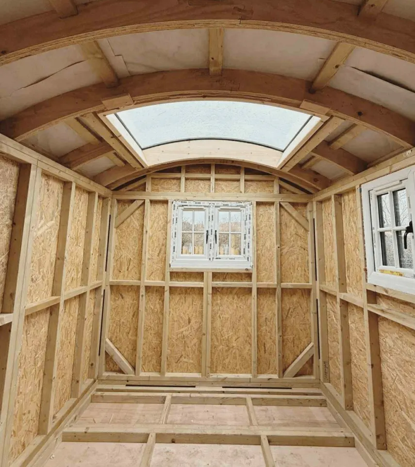 Timber framing and structural details inside a glamping pod