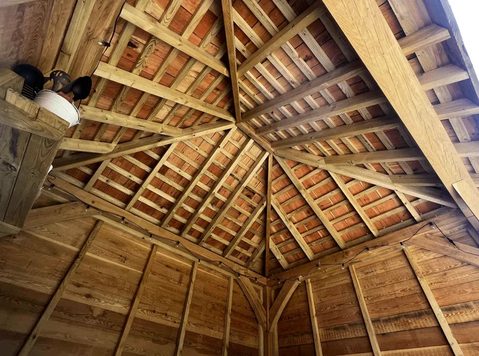 Exposed oak roof framing and timber craftsmanship in a Horizon Carpentry garden building